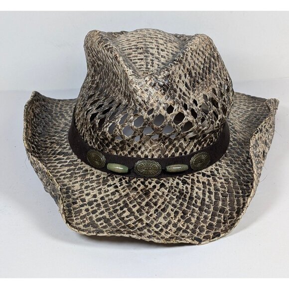 DPC Dorfman Pacific Cowboy Hat Western Raffia Straw Vented Sun Snakeskin Print - Picture 2 of 6